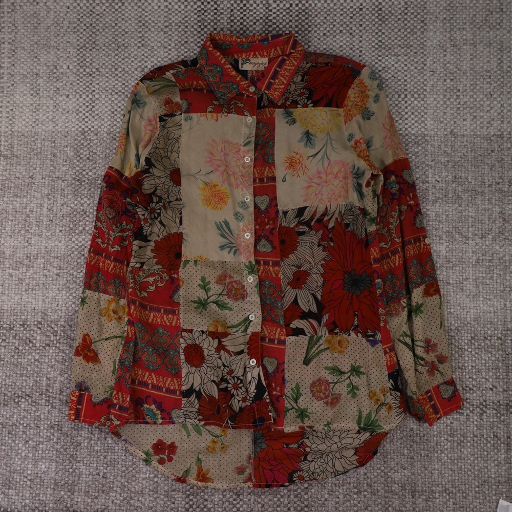 Magazine Womens Red Patchwork Floral Cotton Button Down Shirt High Low Hem